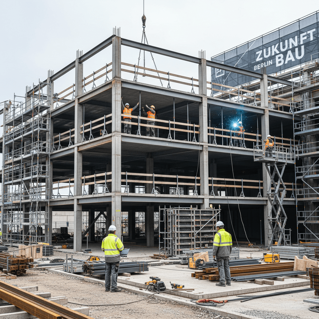 Commercial construction site with professional team