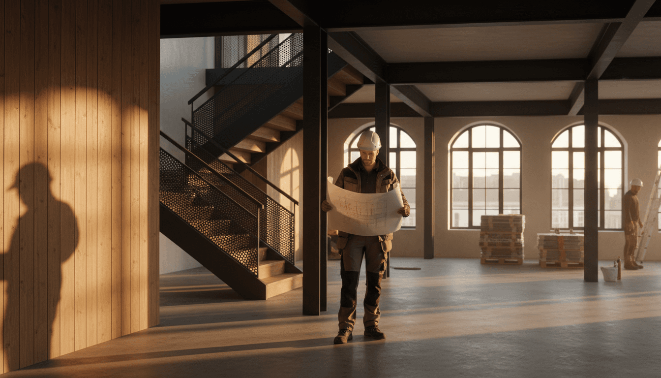 Professional construction worker reviewing project details at a modern residential renovation site in Berlin