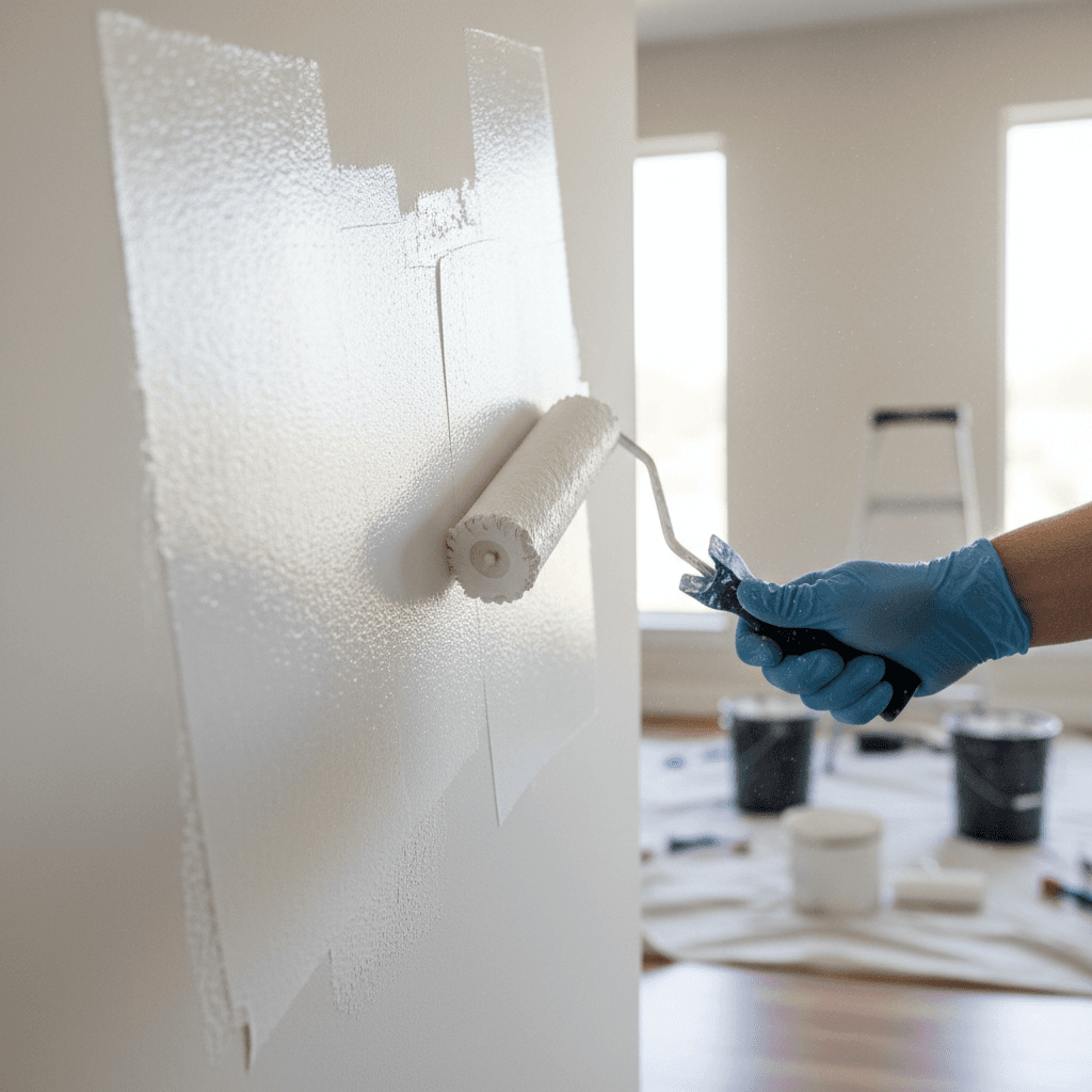 Contractor's hands painting interior wall with white paint and professional roller brush